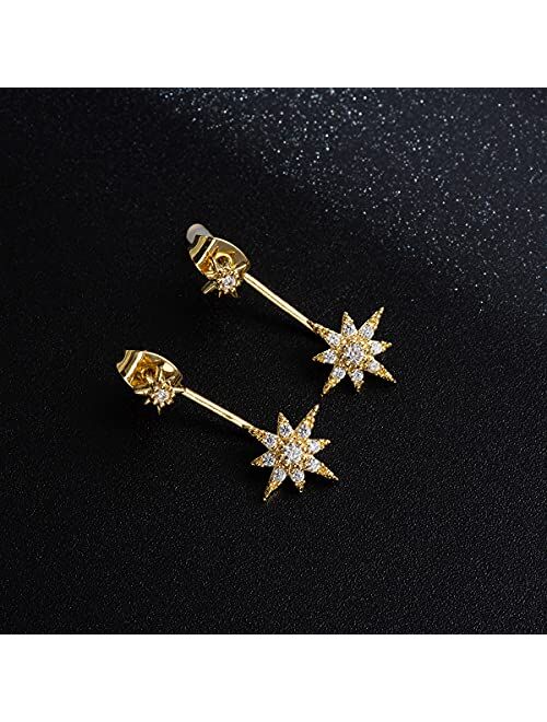 Gold Ear Jacket Earrings for Women 14K Real Gold Plated Earring Jackets Star Teardrop Stud Earrings Cubic Zirconia Diamond Celestial Starburst Front and Back Earrings