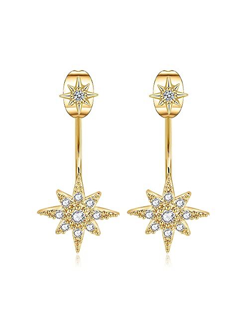 Gold Ear Jacket Earrings for Women 14K Real Gold Plated Earring Jackets Star Teardrop Stud Earrings Cubic Zirconia Diamond Celestial Starburst Front and Back Earrings