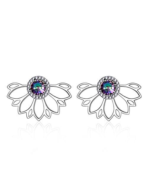 ChicSilver 925 Sterling Silver Lotus Flower Colorful Topaz Ear Jacket Front and Back Stud Earrings for Women (with Gift Box)