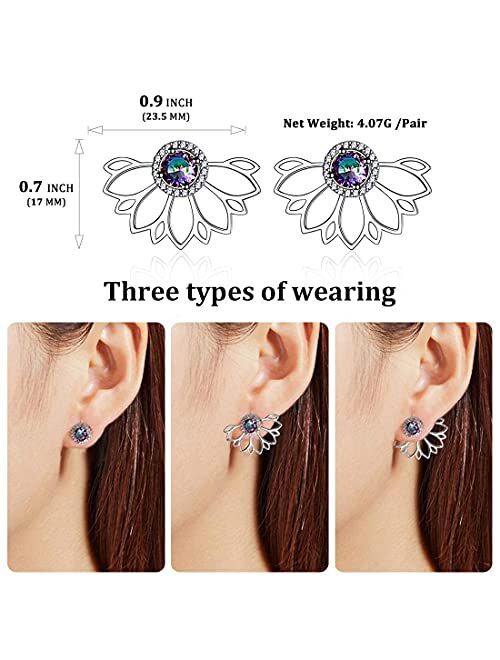 ChicSilver 925 Sterling Silver Lotus Flower Colorful Topaz Ear Jacket Front and Back Stud Earrings for Women (with Gift Box)