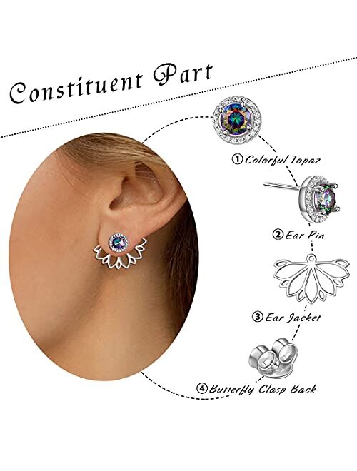 ChicSilver 925 Sterling Silver Lotus Flower Colorful Topaz Ear Jacket Front and Back Stud Earrings for Women (with Gift Box)