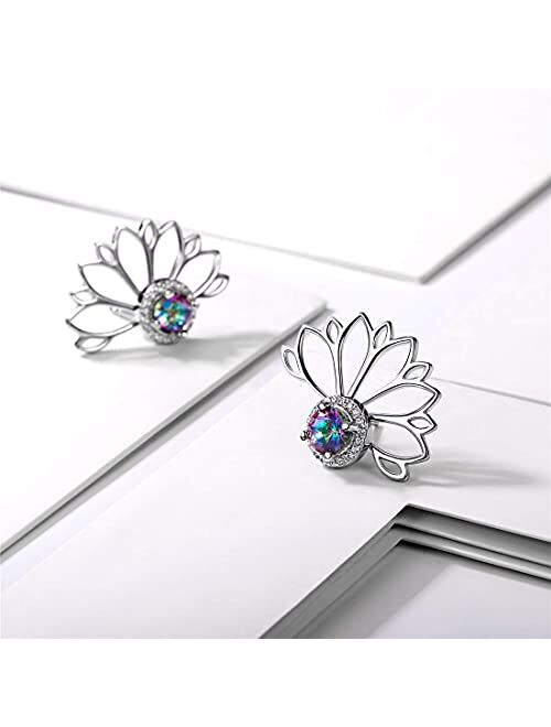 ChicSilver 925 Sterling Silver Lotus Flower Colorful Topaz Ear Jacket Front and Back Stud Earrings for Women (with Gift Box)