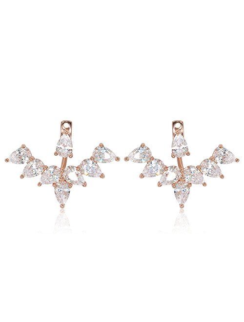 Marquise Cut & Round Cubic Zirconia Floral Front Back Jacket Earrings White Gold / 14K Rose Gold Plated