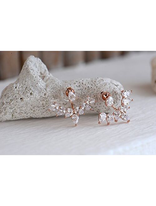 Marquise Cut & Round Cubic Zirconia Floral Front Back Jacket Earrings White Gold / 14K Rose Gold Plated