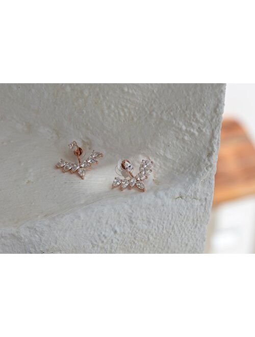 Marquise Cut & Round Cubic Zirconia Floral Front Back Jacket Earrings White Gold / 14K Rose Gold Plated