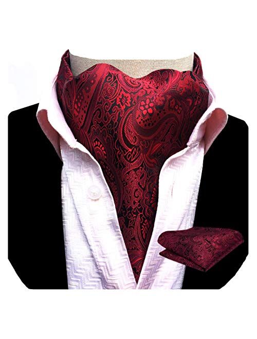 GUSLESON Men's Ascot Paisley Floral Jacquard Woven Gift Cravat Tie and Pocket Square Set