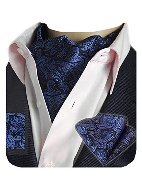 GUSLESON Men's Ascot Paisley Floral Jacquard Woven Gift Cravat Tie and Pocket Square Set