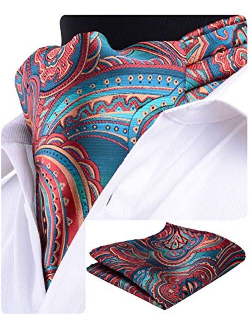 GUSLESON Men's Ascot Paisley Floral Jacquard Woven Gift Cravat Tie and Pocket Square Set