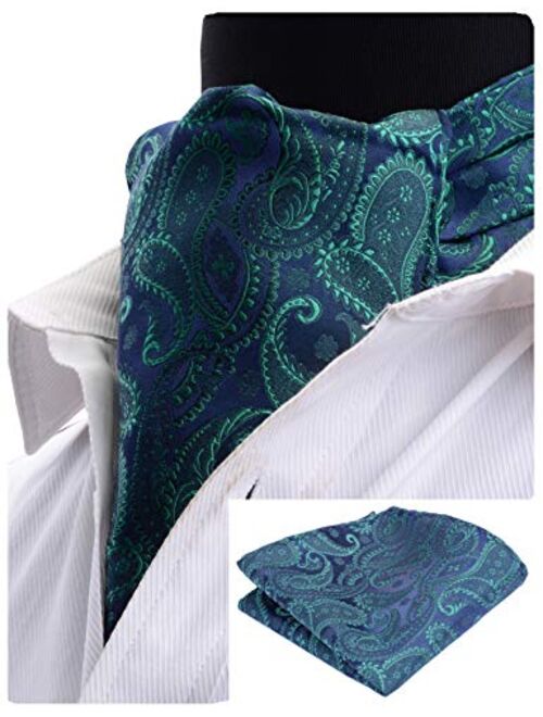 GUSLESON Men's Ascot Paisley Floral Jacquard Woven Gift Cravat Tie and Pocket Square Set