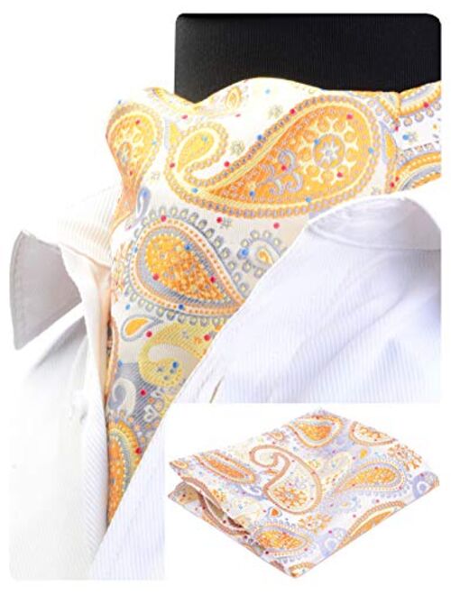 GUSLESON Men's Ascot Paisley Floral Jacquard Woven Gift Cravat Tie and Pocket Square Set