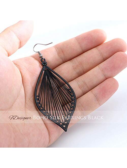 Fdesigner Boho Woven Geometric Earrings Drop Black Jewelry Fashion Silk Earring Dangle for Women and Girls