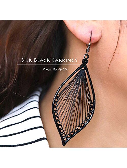 Fdesigner Boho Woven Geometric Earrings Drop Black Jewelry Fashion Silk Earring Dangle for Women and Girls