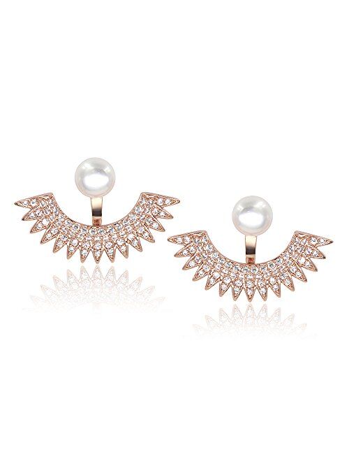 5mm Pearl Stud Front-Back Micropave Jacket Earrings Platinum Plated