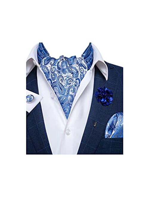 DiBanGu 4 PCS Ascot Ties for Men,Jacquard Cravat Ascot Tie Pocket Square Cufflinks with Floral Lapel Pin