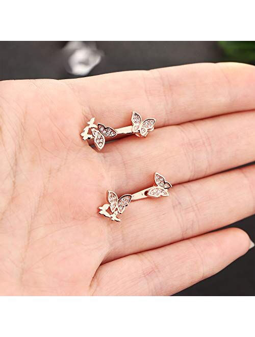 18K Rose Gold Plated Ear Jackets Set 2 in 1 Stud and Drop Earrings AAAAA Cubic Zirconia Star Heart Butterfly Jacket Stud Earrings for Women