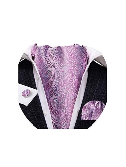 Barry.Wang Men Ascot Cravat Tie with Pocket Square Paisley Jacquard Silk Woven Floral Necktie