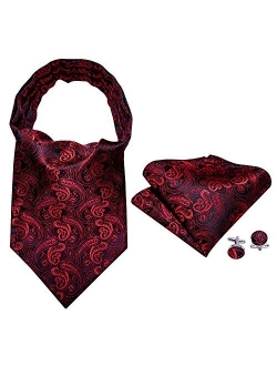 Barry.Wang Men Ascot Cravat Tie with Pocket Square Paisley Jacquard Silk Woven Floral Necktie