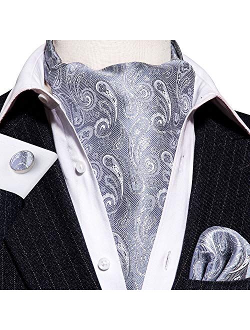 Barry.Wang Men Ascot Cravat Tie with Pocket Square Paisley Jacquard Silk Woven Floral Necktie