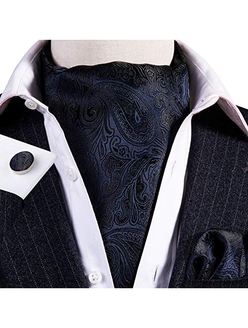 Barry.Wang Men Ascot Cravat Tie with Pocket Square Paisley Jacquard Silk Woven Floral Necktie