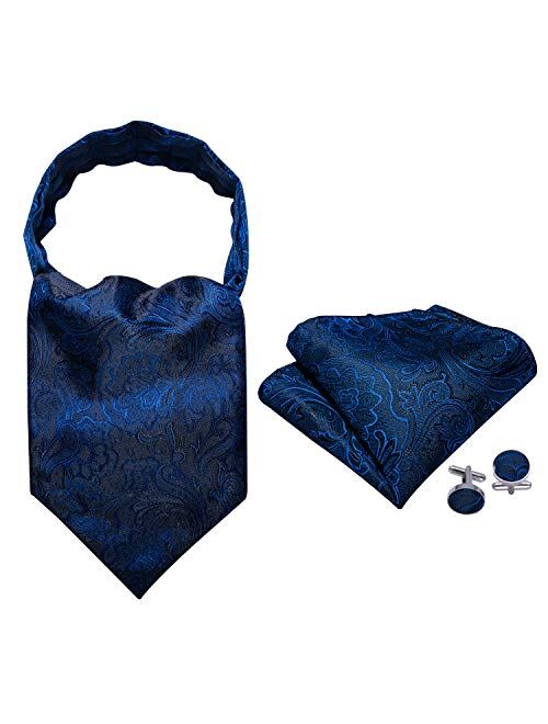 Barry.Wang Men Ascot Cravat Tie with Pocket Square Paisley Jacquard Silk Woven Floral Necktie