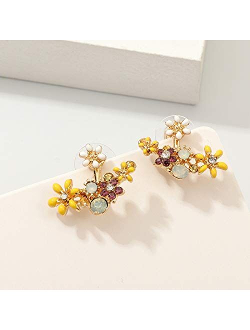 Flower Ear Jacket Earrings for Women Girl Austrian Crystal Simple Chic Front Back Ear Cuffs Stud Earrings