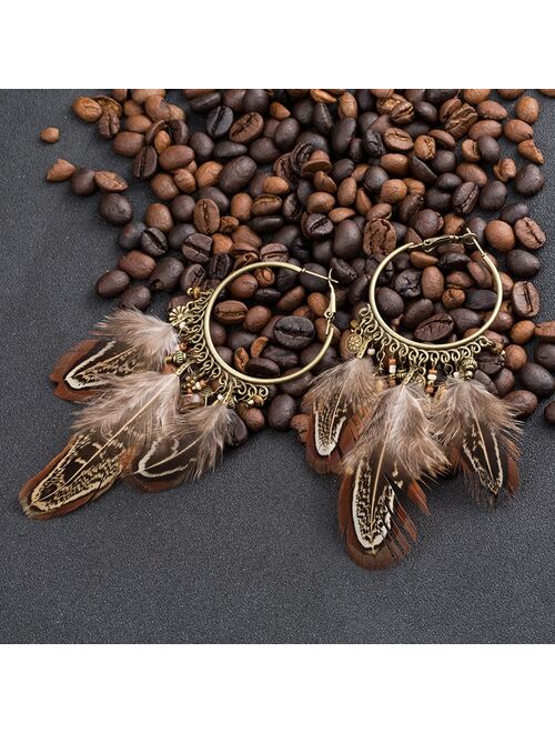 EXYNLON Boho Exaggerate Brown Feather Tassel Pendant Earrings For Women Bohemian  Metal Round Circle Wood Metal Chain Earring Jewelry