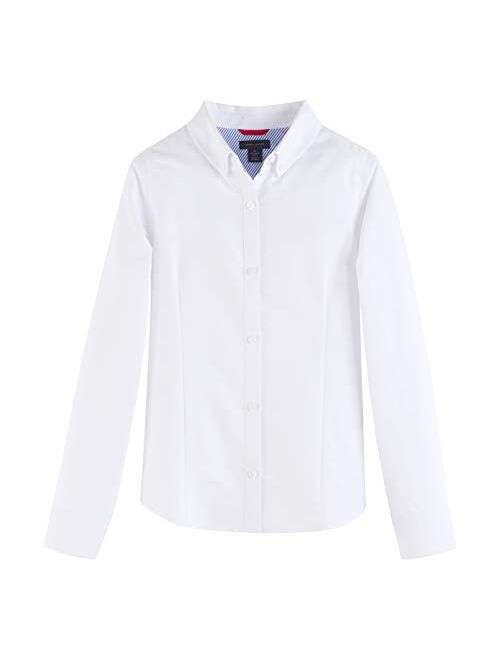 Tommy Hilfiger Long Sleeve Oxford Girls Buttondown Collar Blouse, Kids School Uniform Clothes