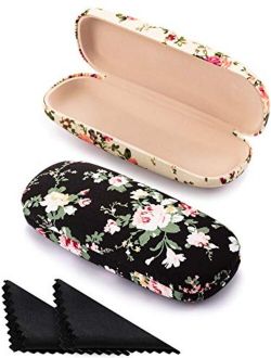 2 Pieces Hard Shell Eyeglass Case for Women Flower Fabrics Floral Retro Light Portable Eyeglass Case Box Covered Shell Style Spectacles Box Case for Glasses (Apricot, Bla