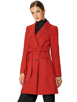 Women's Notch Lapel Double Breasted Belted Mid Long Outwear Winter Coat