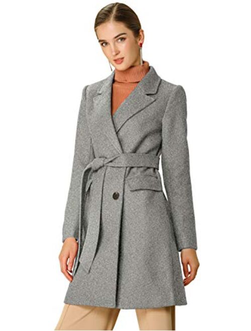 Allegra K Women's Notch Lapel Double Breasted Belted Mid Long Outwear Winter Coat