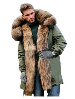 Aofur Mens Winter Warm Thick Faux Fur Slim Trench Coat Long Jacket Parka Hooded Pea Coat Winter Coat S-XXXL