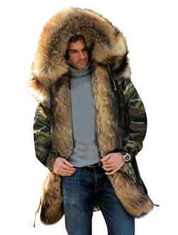 Aofur Mens Winter Warm Thick Faux Fur Slim Trench Coat Long Jacket Parka Hooded Pea Coat Winter Coat S-XXXL