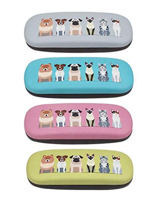 [4 PACK / 3 PACK], JAVOedge Printed Pattern Durable Hard Clamshell Eyeglass Case with Bonus Microfiber Cloth