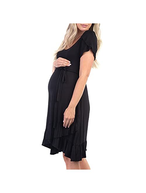 Mother Bee Maternity Ruffle Dress with Butterfly Sleeves and Adjustable Belt