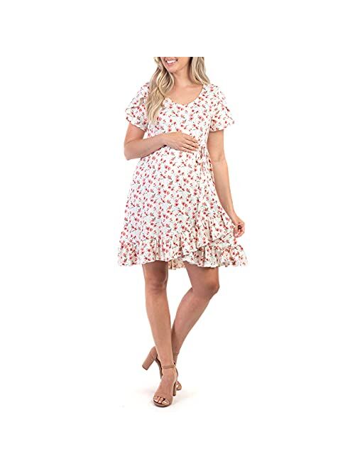 Mother Bee Maternity Ruffle Dress with Butterfly Sleeves and Adjustable Belt