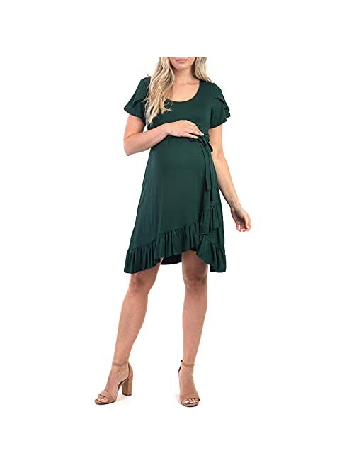 Mother Bee Maternity Ruffle Dress with Butterfly Sleeves and Adjustable Belt