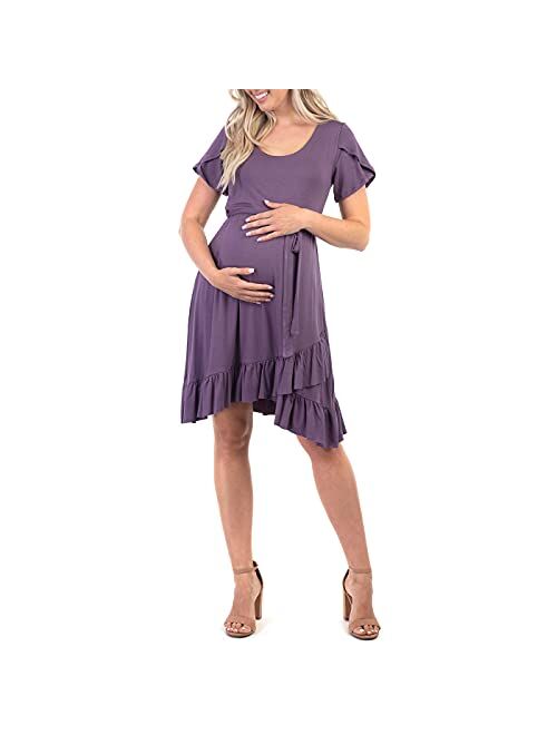 Mother Bee Maternity Ruffle Dress with Butterfly Sleeves and Adjustable Belt