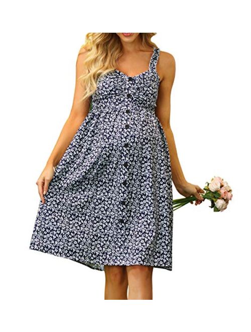 Maacie Maternity Summer Casual Dress Floral V-Neck Sleeveless Spaghetti Strap Sundress