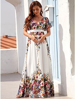 Women's Maxi V Neck Short Ruffle Sleeves Floral Printed Maternity Dress for Party 20799