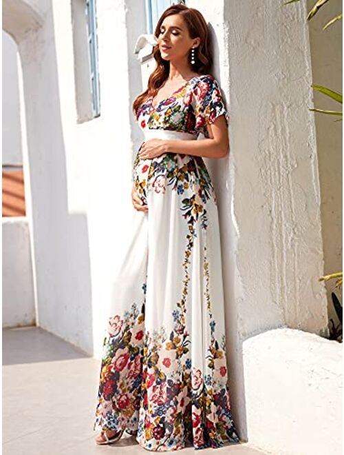 Ever-Pretty Women's Maxi V Neck Short Ruffle Sleeves Floral Printed Maternity Dress for Party 20799