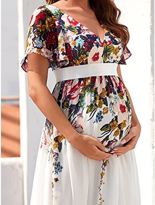 Ever-Pretty Women's Maxi V Neck Short Ruffle Sleeves Floral Printed Maternity Dress for Party 20799