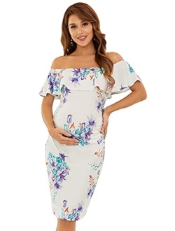 Women's Summer Off Shoulder Ruffle Sleeveless Off-Shoulder Bodycon Maternity Dress for Baby Shower 20001