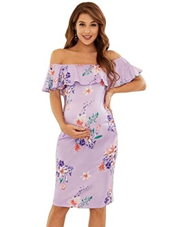 Women's Summer Off Shoulder Ruffle Sleeveless Off-Shoulder Bodycon Maternity Dress for Baby Shower 20001