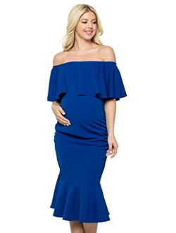 My Bump Women's Ruffle Off-Shoulder Maternity Ruched Mermaid Dress(Made in USA)