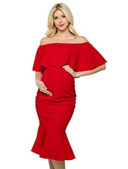 My Bump Women's Ruffle Off-Shoulder Maternity Ruched Mermaid Dress(Made in USA)