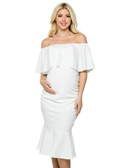 My Bump Women's Ruffle Off-Shoulder Maternity Ruched Mermaid Dress(Made in USA)