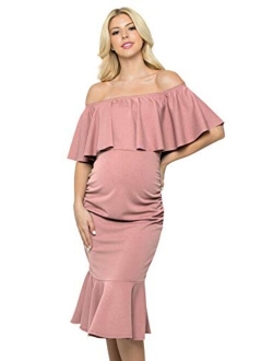 My Bump Women's Ruffle Off-Shoulder Maternity Ruched Mermaid Dress(Made in USA)