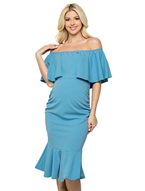 My Bump Women's Ruffle Off-Shoulder Maternity Ruched Mermaid Dress(Made in USA)