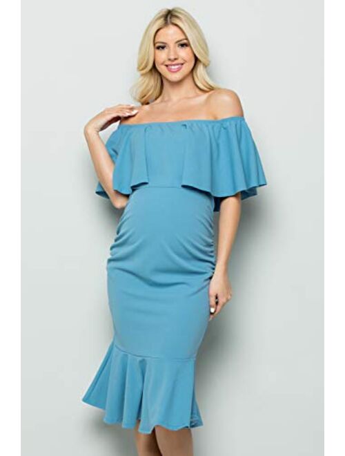 My Bump Women's Ruffle Off-Shoulder Maternity Ruched Mermaid Dress(Made in USA)