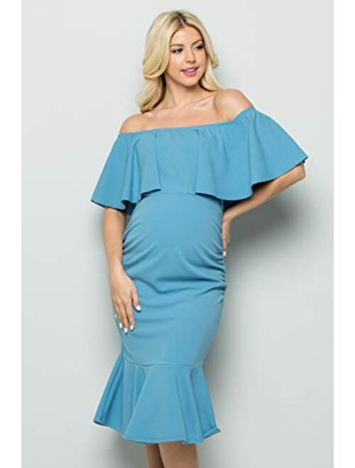 My Bump Women's Ruffle Off-Shoulder Maternity Ruched Mermaid Dress(Made in USA)